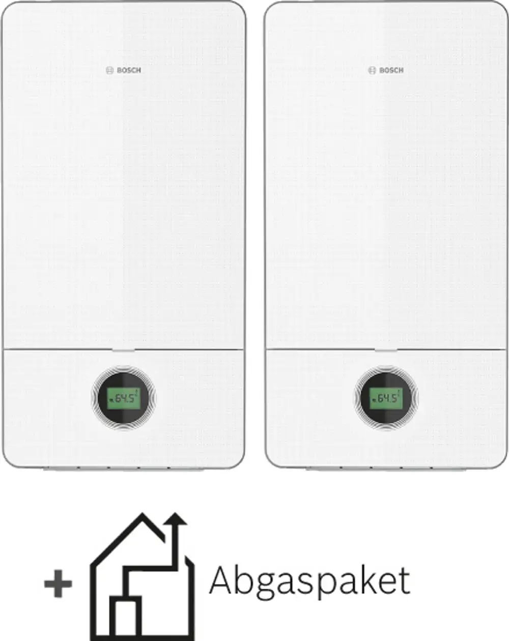 Zwei weiße Heizgeräte von Bosch mit digitalen Anzeigen. Darunter ein Symbol für ein Abgaspaket, das zusätzliche Komponenten oder Installation anzeigt.